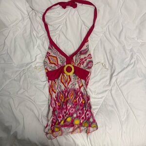 y2k 2000s vintage hot pink & yellow halter neck tank top interi USA small